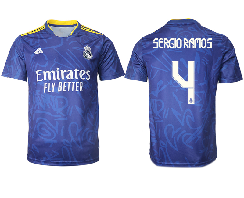 Men 2021-2022 Club Real Madrid away aaa version blue #4 Soccer Jersey->real madrid jersey->Soccer Club Jersey